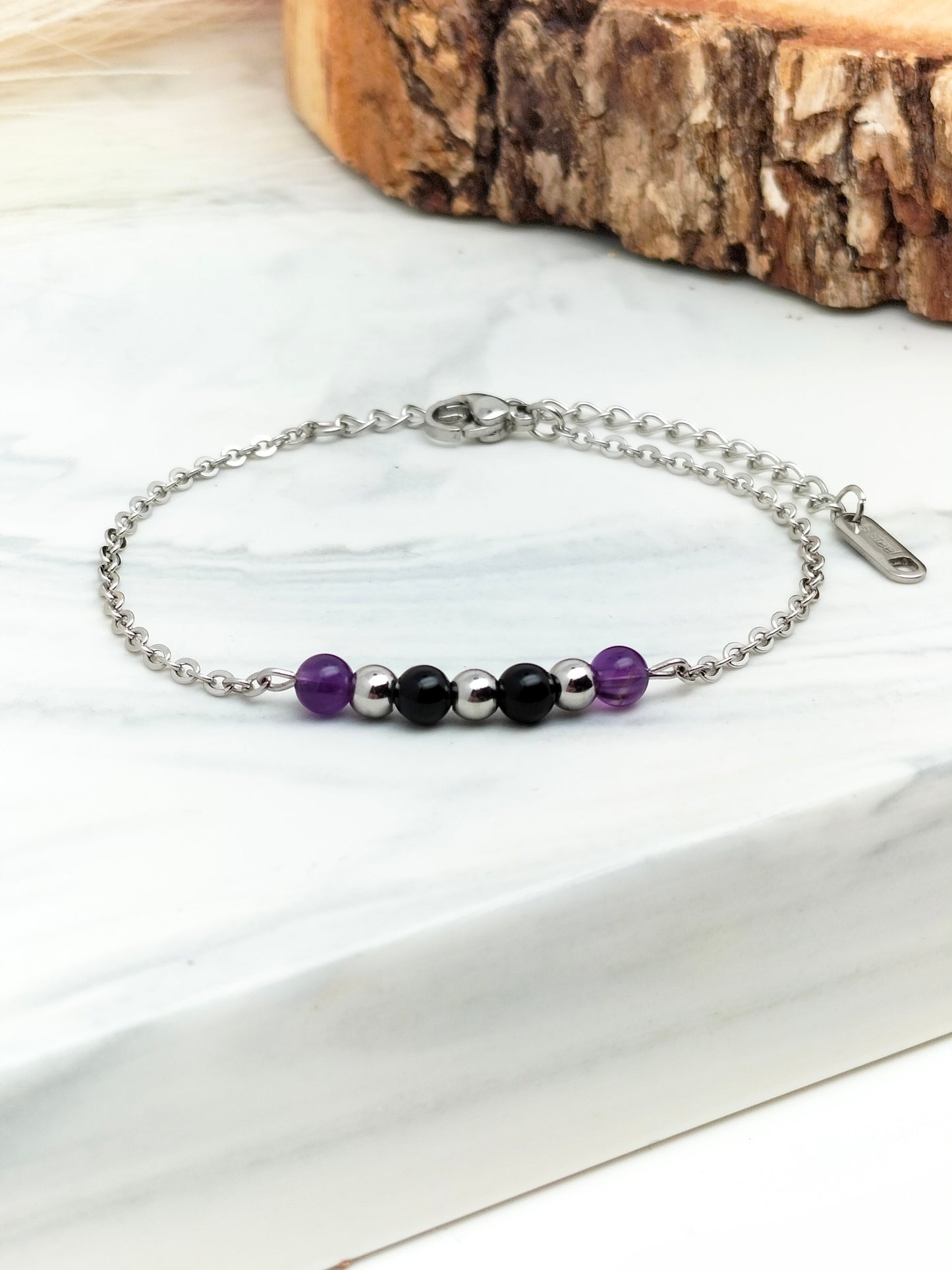 Bracelet HÉLÈNE ~ cornaline+onyx / améthyste+onyx 🌷 doré/argenté