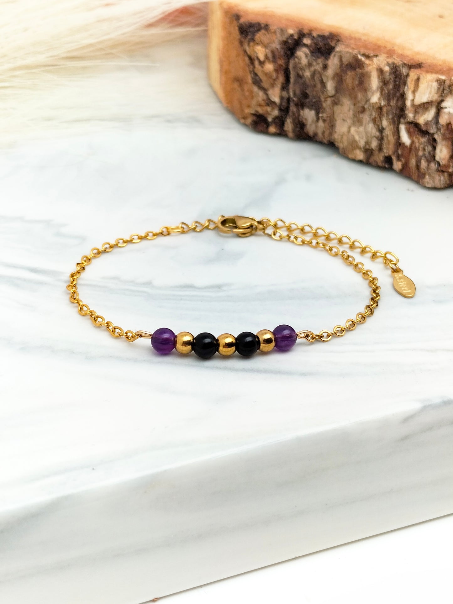 Bracelet HÉLÈNE ~ cornaline+onyx / améthyste+onyx 🌷 doré/argenté