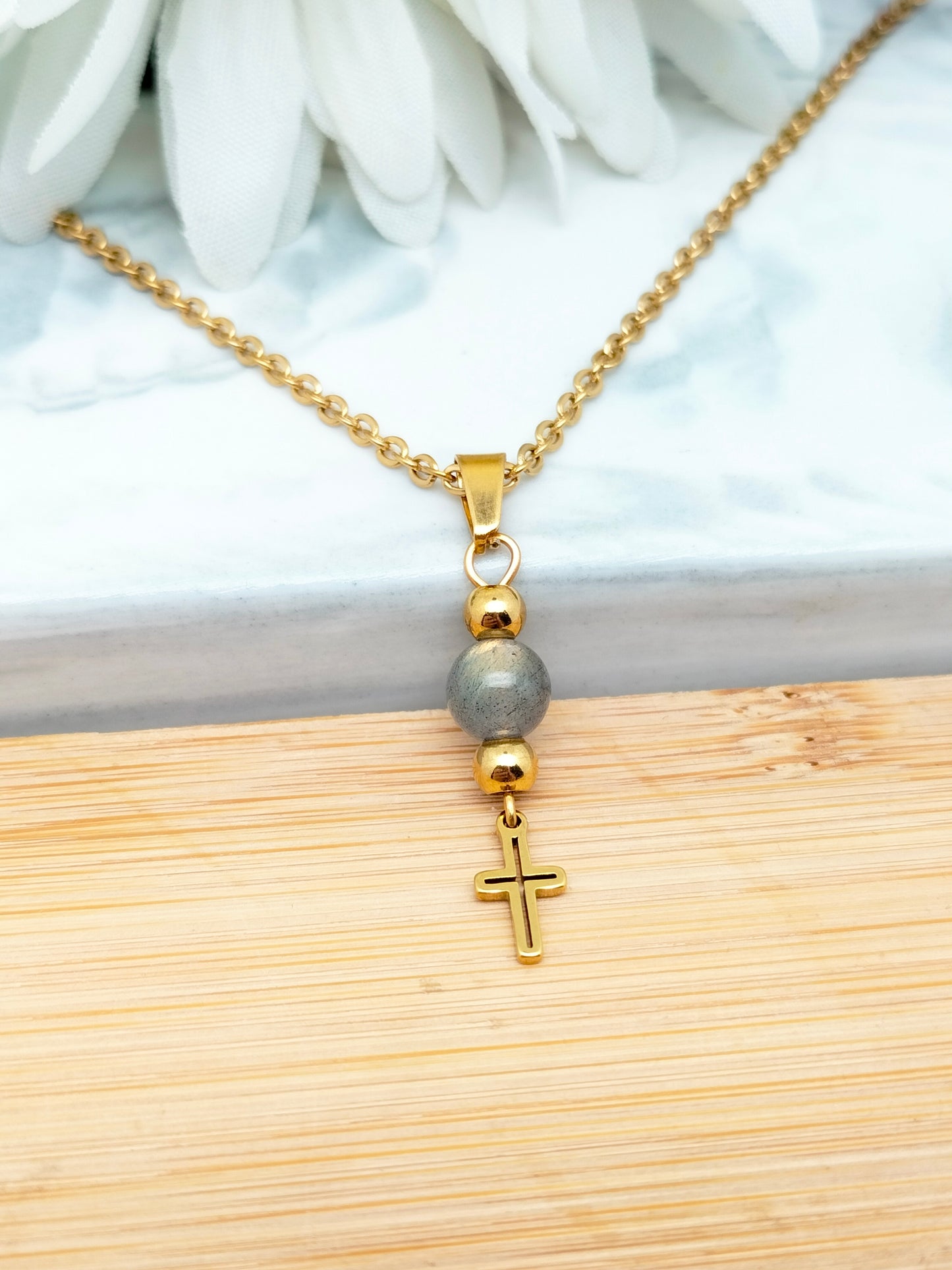 Collier CROIX ~ 5 pierres disponibles 🌷 doré/argenté